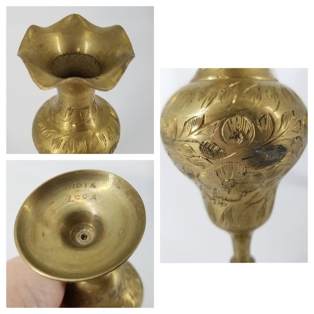 Vintage Brass Vase Flower Floral Three Etched India Home Decor 11.50" to 4.50" - Picture 4 of 11